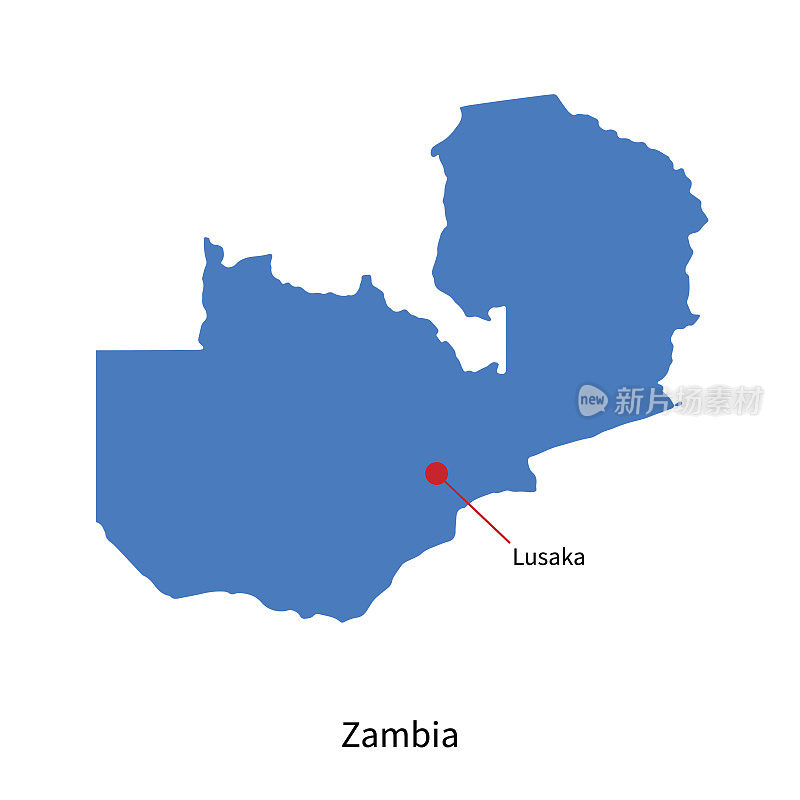Detailed vector map of Zambia and capital city Lusaka